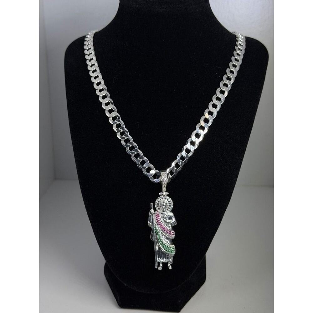 925 Sterling Silver San Judas Tadeo Pendant 24 Inch 8.8mm Curb Link Chain